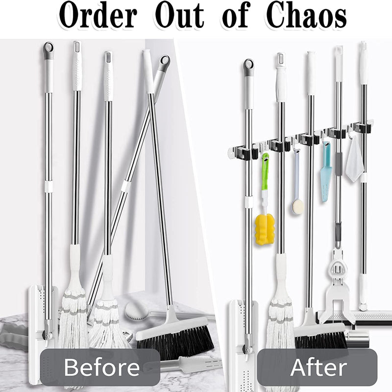 Mop and Broom Holder Wall Mount – 5 Racks, 4 Hooks, Heavy-Duty Stainless Steel Organizer for Home & Garage