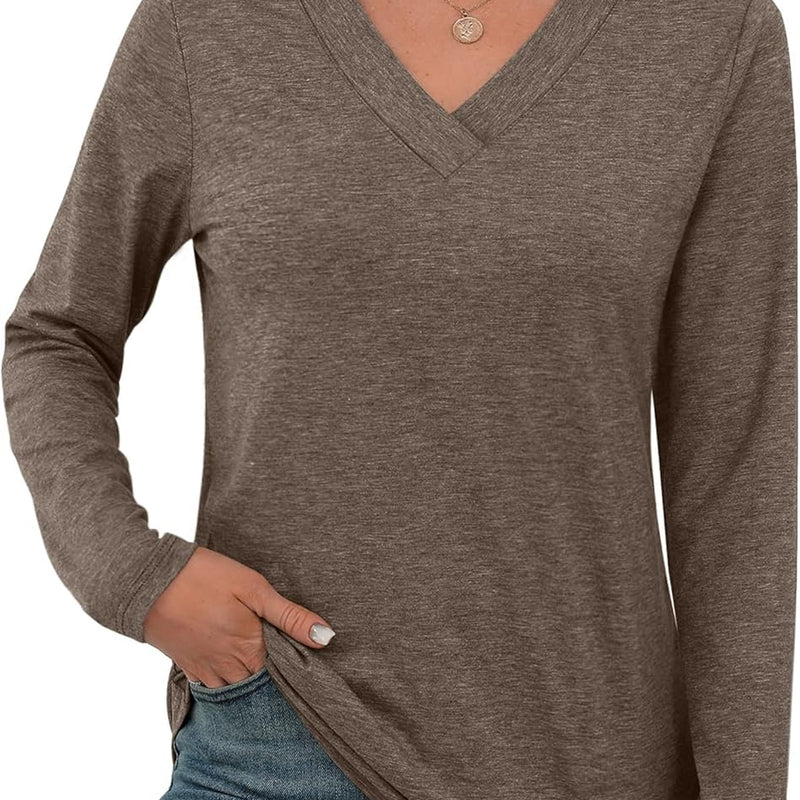 Women’s Long Sleeve V-Neck Top – Loose Fit Fall Tunic Shirt, Basic Dressy Style