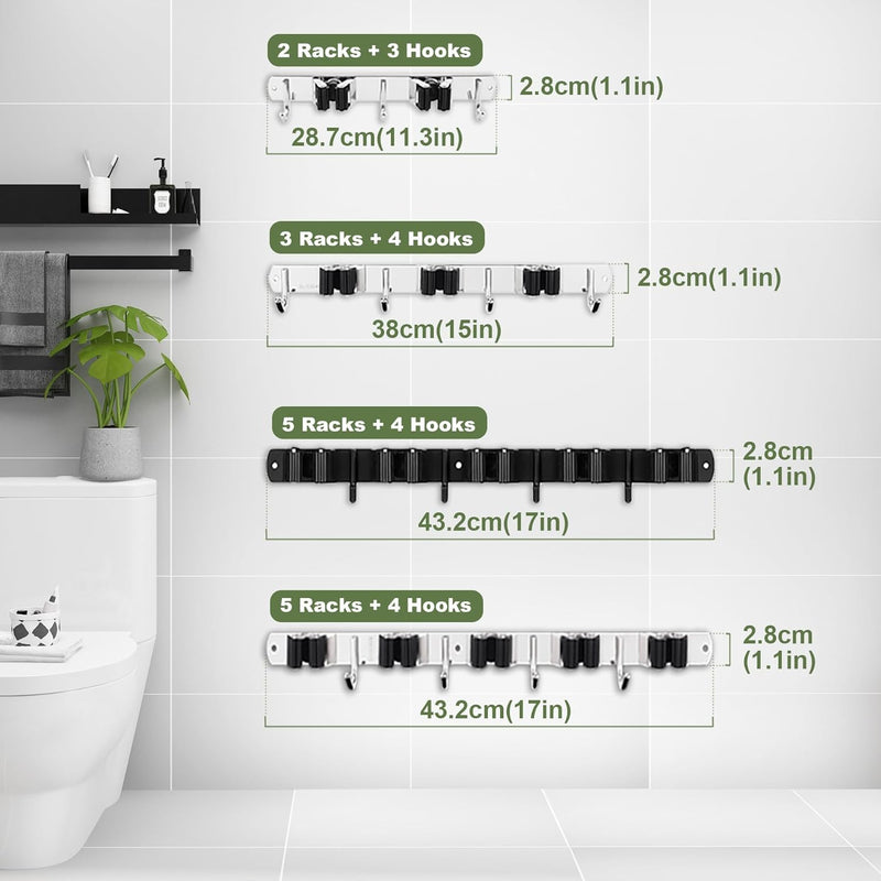 Mop and Broom Holder Wall Mount – 5 Racks, 4 Hooks, Heavy-Duty Stainless Steel Organizer for Home & Garage