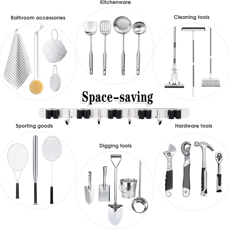 Mop and Broom Holder Wall Mount – 5 Racks, 4 Hooks, Heavy-Duty Stainless Steel Organizer for Home & Garage