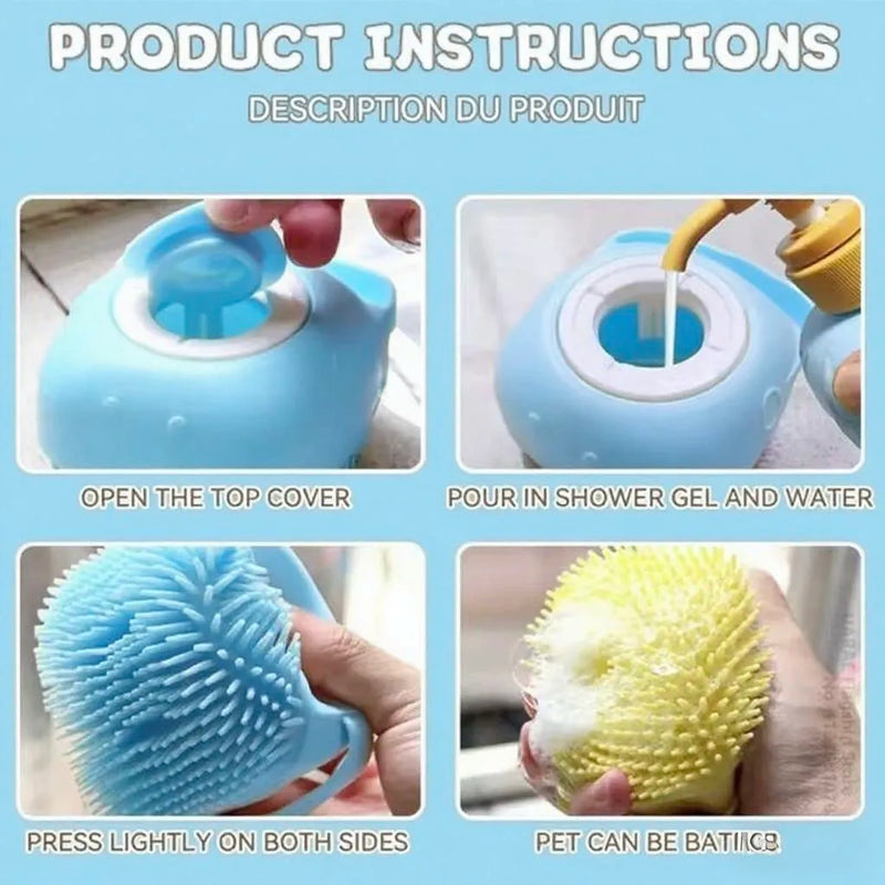 Silicone Pet Grooming Brush with Built-in Shampoo Storage and Self-Cleaning Detangling Features for Dogs and Cats