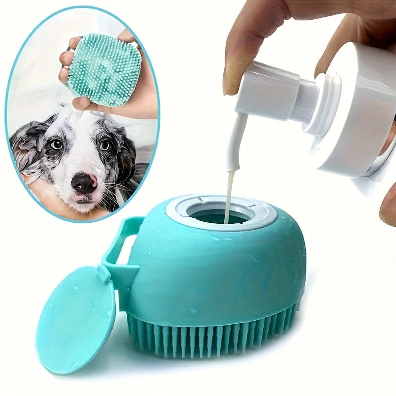 Silicone Pet Grooming Brush with Built-in Shampoo Storage and Self-Cleaning Detangling Features for Dogs and Cats
