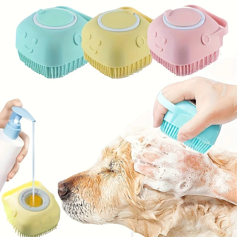 Silicone Pet Grooming Brush with Built-in Shampoo Storage and Self-Cleaning Detangling Features for Dogs and Cats