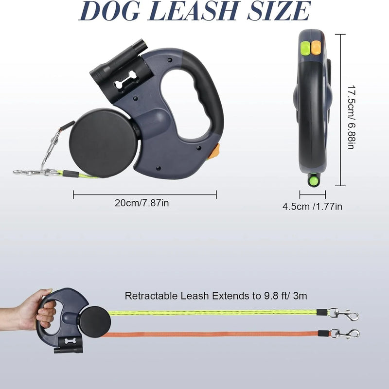 Dual Pet Leash Retractable Reflective Lead 360 Swivel Double Dog Walking Leash