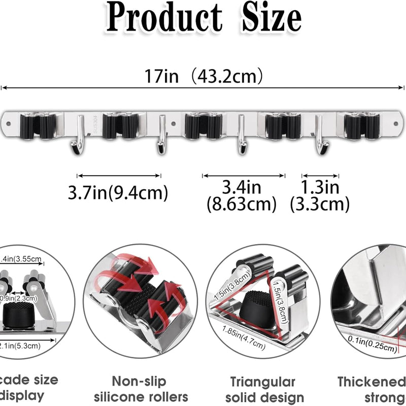 Mop and Broom Holder Wall Mount – 5 Racks, 4 Hooks, Heavy-Duty Stainless Steel Organizer for Home & Garage